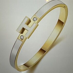 Women Gold and White Enamel H-Link Bangle Bracelet - Designer Style